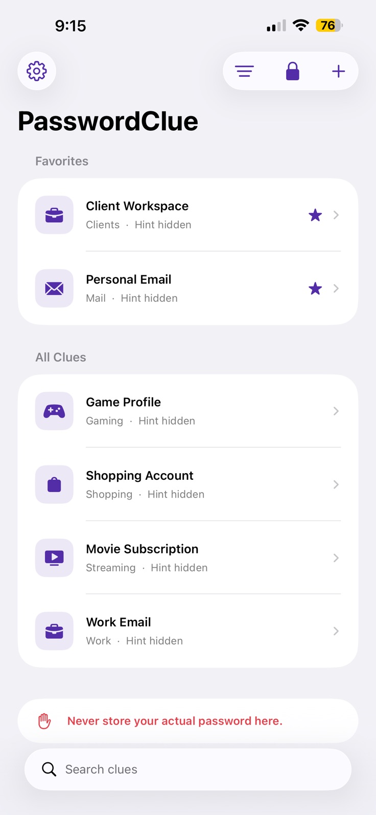 PasswordClue home screen showing favorite and categorized clue entries with their hints hidden