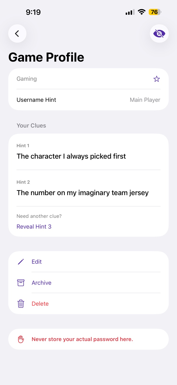 PasswordClue entry detail showing two revealed hints and an option to reveal another