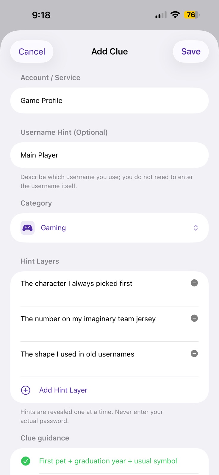 PasswordClue add screen with account name, username hint, category, and multiple hint layers