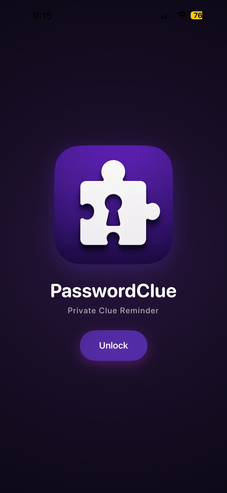 PasswordClue locked screen with an Unlock button