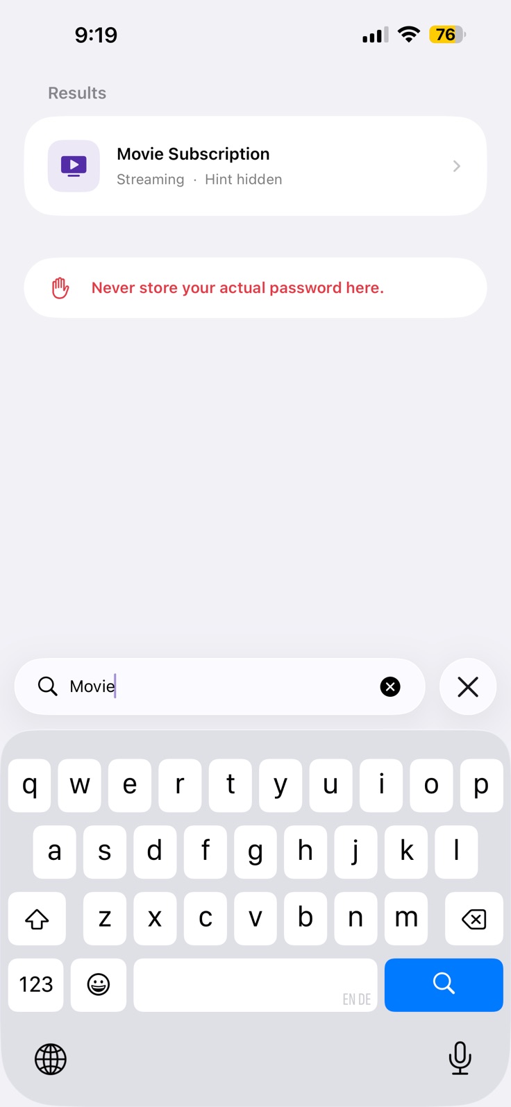 PasswordClue search screen showing a matching clue entry while its hint remains hidden