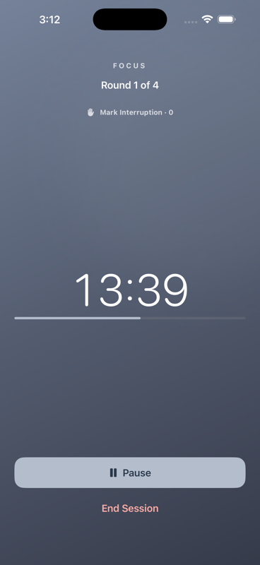 SixtyFifteen active focus timer showing the current round and remaining time