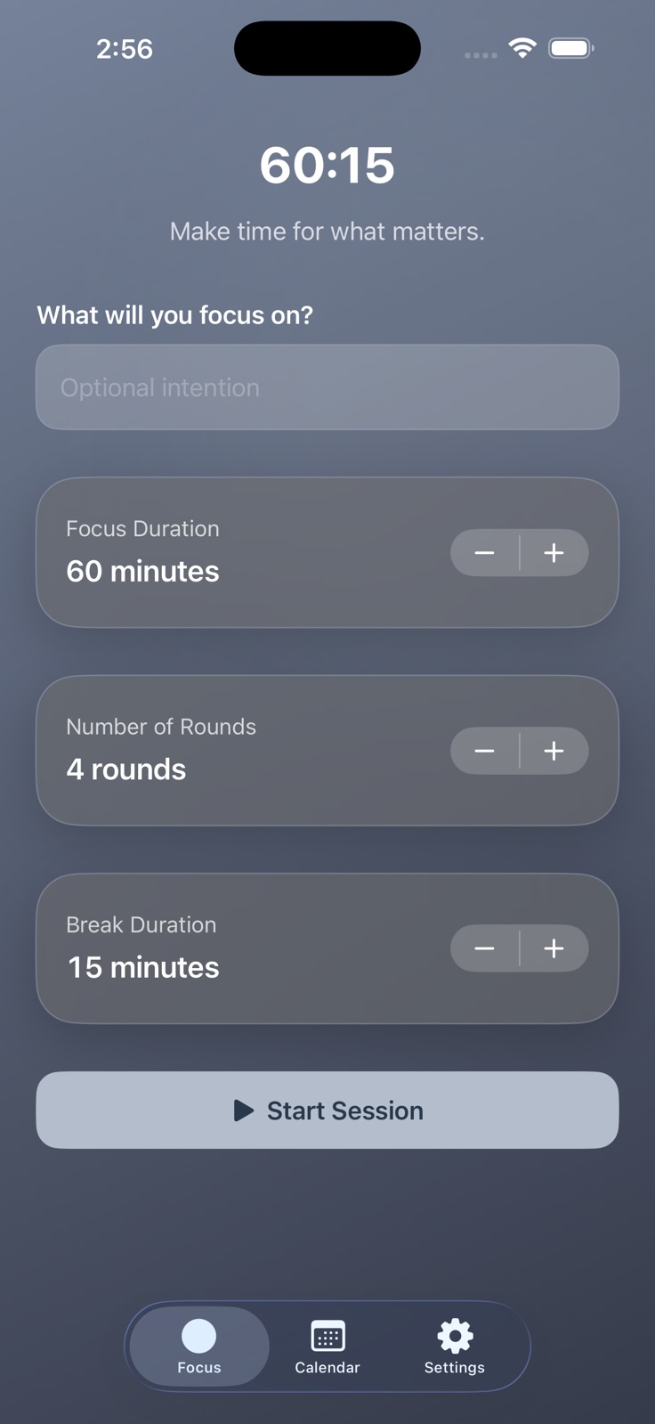 SixtyFifteen session setup with focus duration, rounds, and break duration controls
