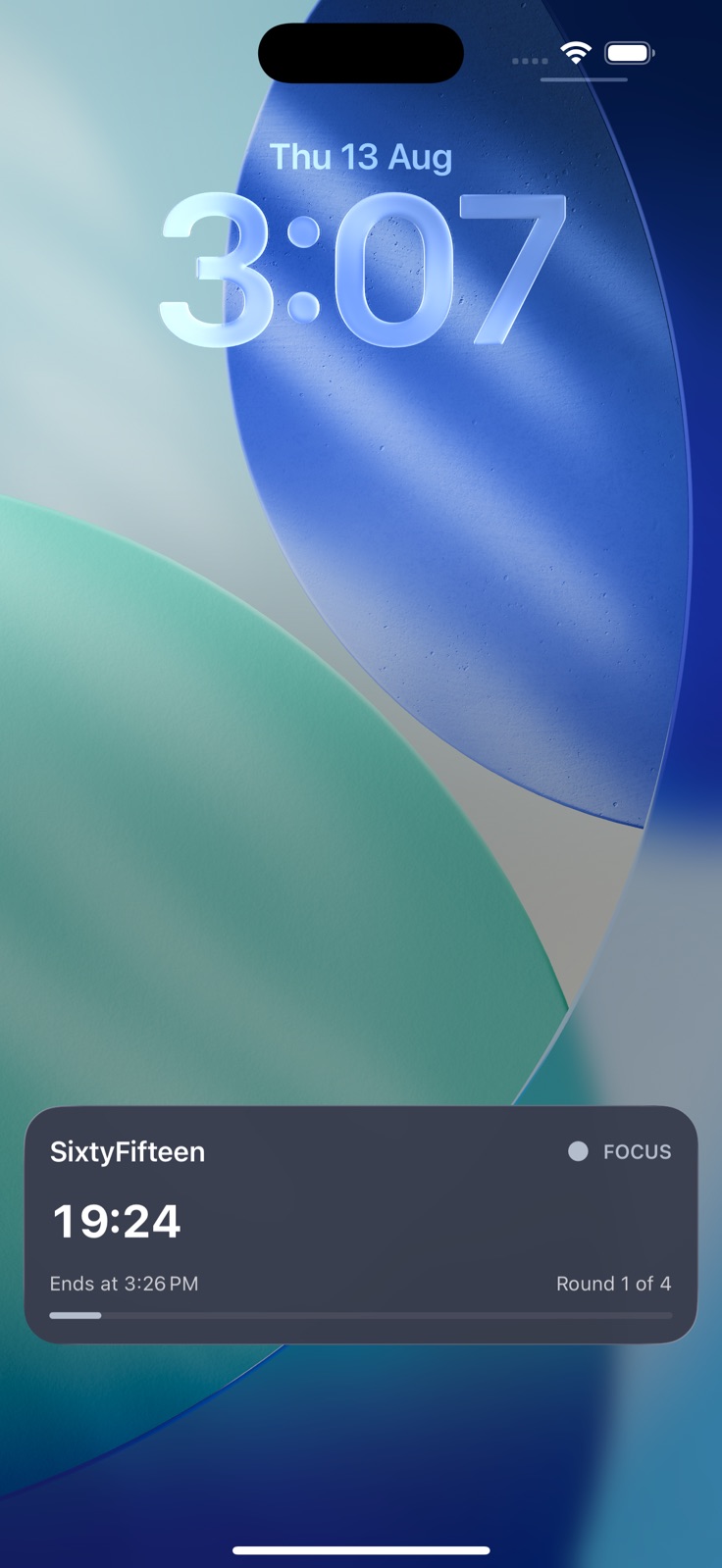 SixtyFifteen Live Activity showing the active focus timer on the iPhone Lock Screen
