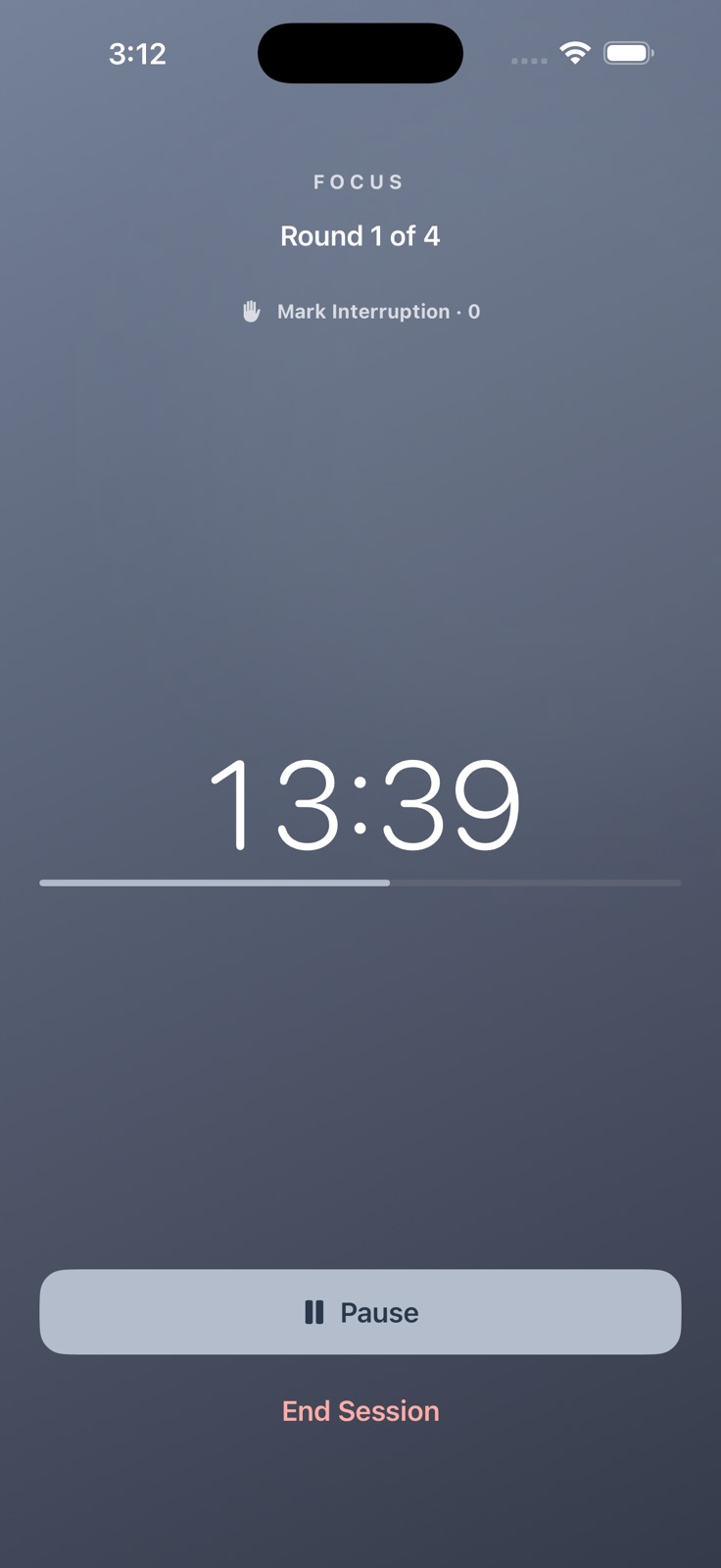 SixtyFifteen active focus timer showing the current round and remaining time