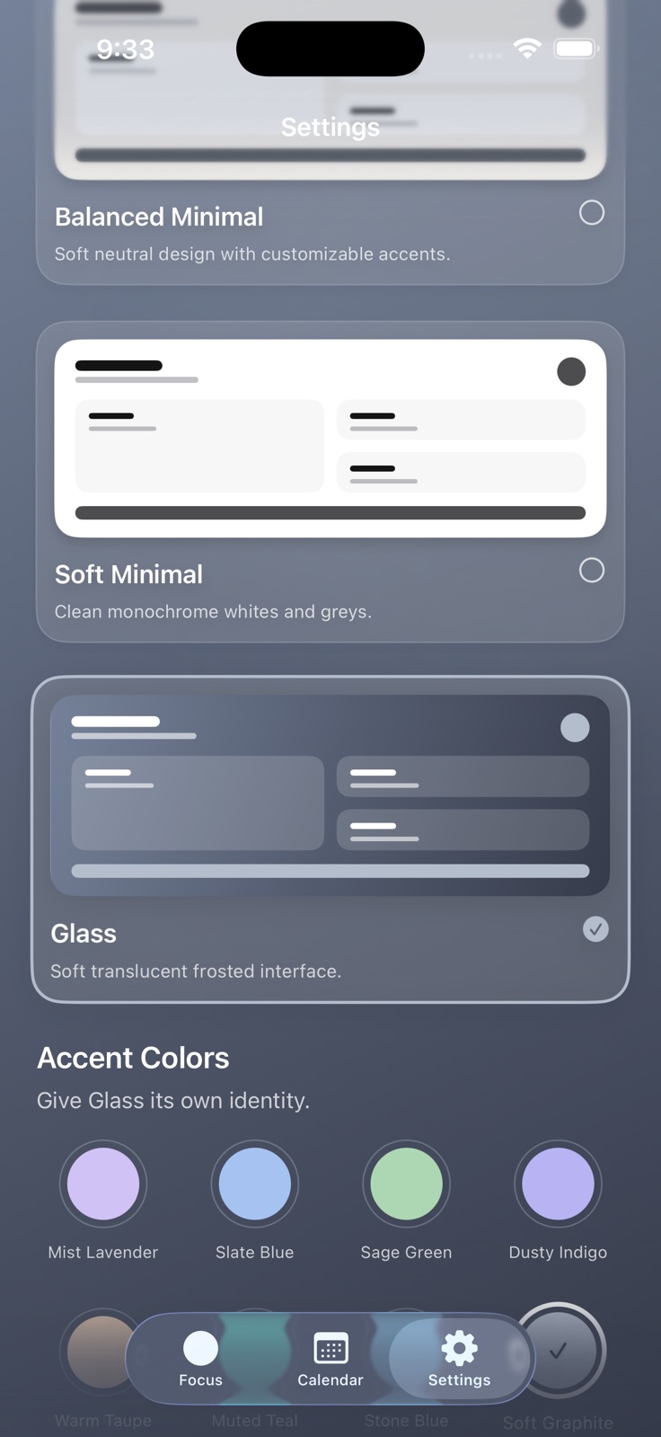 SixtyFifteen appearance settings with interface styles and accent color choices