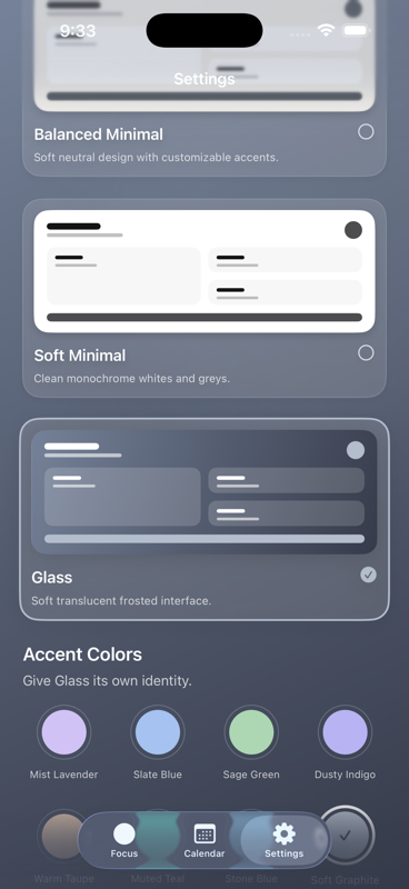 SixtyFifteen appearance settings with interface styles and accent color choices