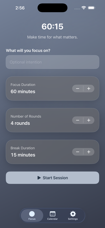 SixtyFifteen session setup with focus duration, rounds, and break duration controls