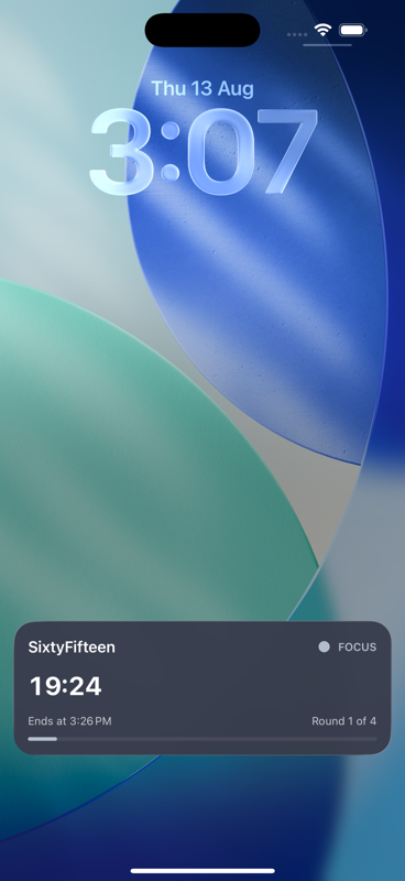 SixtyFifteen Live Activity showing the active focus timer on the iPhone Lock Screen