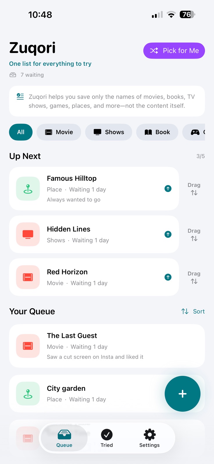 Zuqori Queue showing Up Next items, saved items, categories, sorting, and Pick for Me