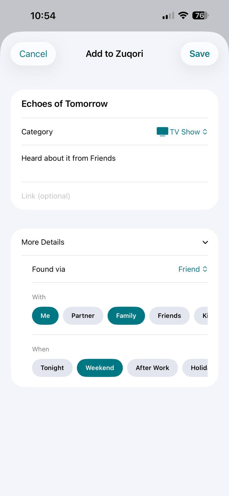 Zuqori add-item screen with title, category, note, source, With, and When fields