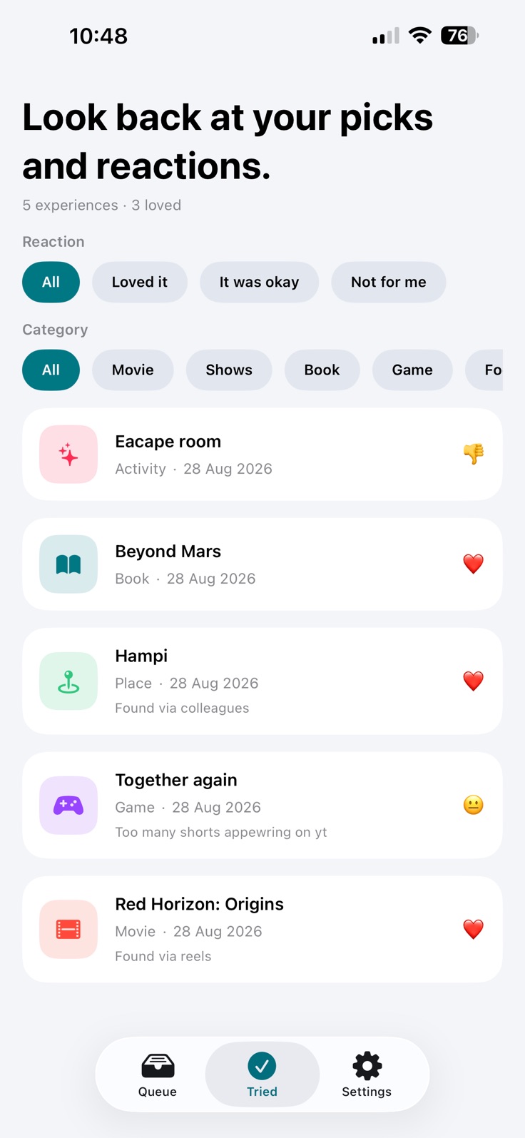 Zuqori Tried tab showing reaction and category filters above previously tried items