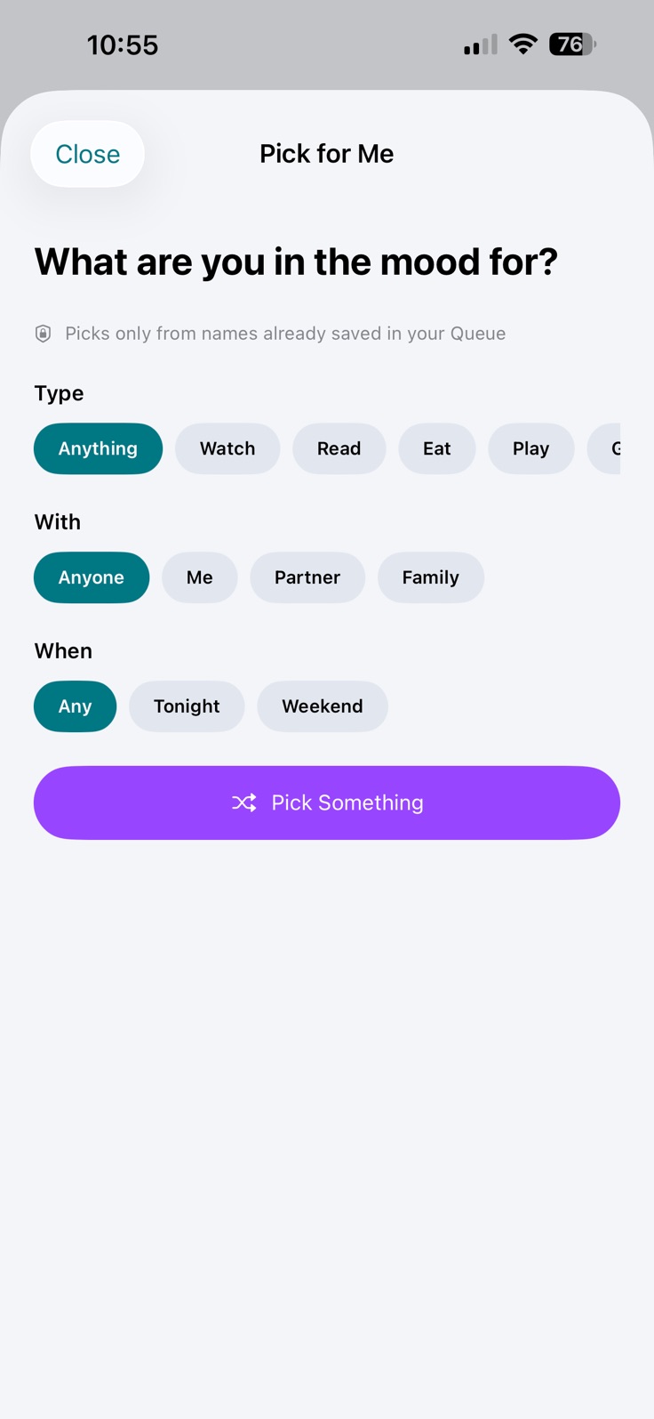 Zuqori Pick for Me screen with Type, With, and When filters
