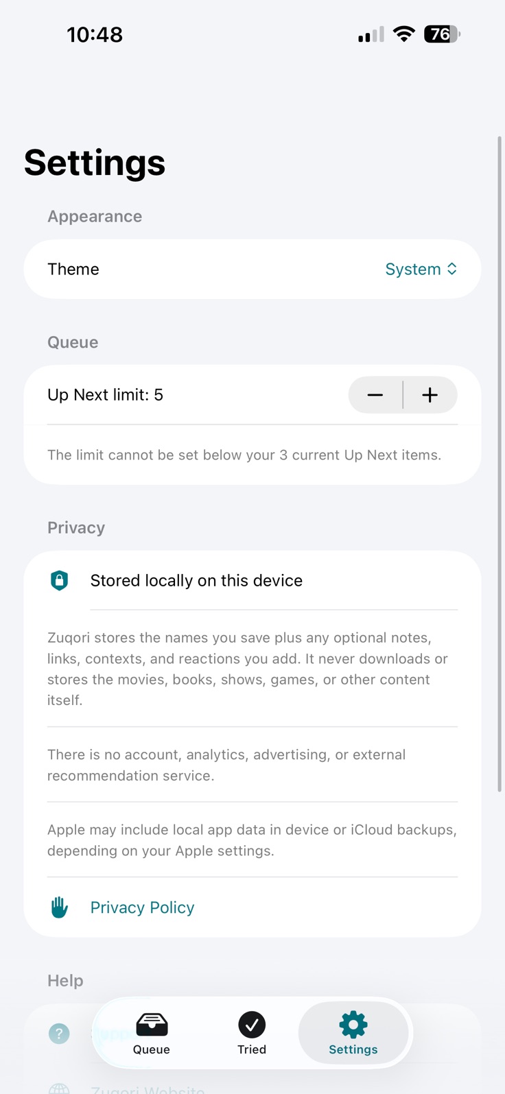 Zuqori settings showing appearance, Up Next limit, local storage information, and privacy link